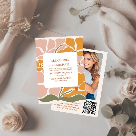 QR Code Boho Chic Retro Bloemige Trouwdag Kaart