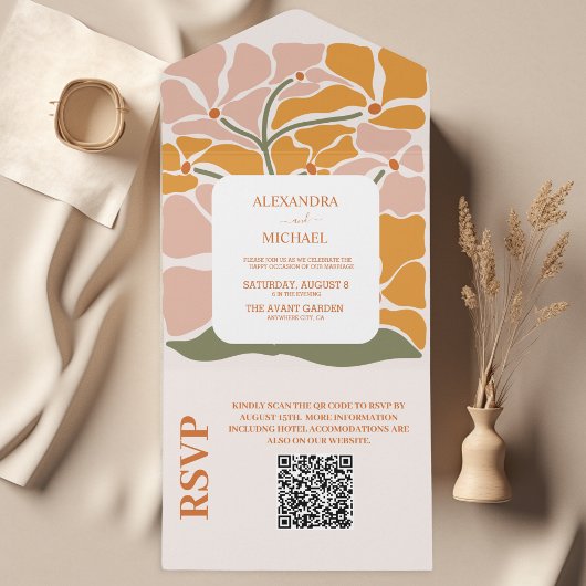 QR Code Boho Chic Retro Bloemige Trouwkaart All In One Uitnodiging