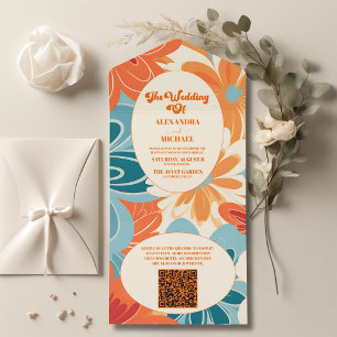QR Code Boho Chic Retro Kleurrijke Bloemige Bruilo All In One Uitnodiging