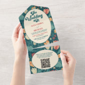 QR Code Boho Chique Retro Kleurrijke Bloemen Bruil All In One Uitnodiging (Afscheurbaar)