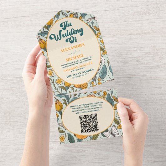 QR Code Boho Chique Retro Kleurrijke Bloemen Bruil All In One Uitnodiging (Afscheurbaar)
