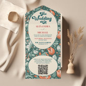 QR Code Boho Chique Retro Kleurrijke Bloemen Bruil All In One Uitnodiging