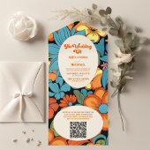 QR Code Boho Jaren Zeventig Retro Bloem Bruiloft All In One Uitnodiging