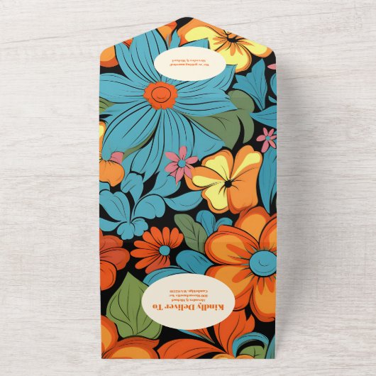 QR Code Boho Jaren Zeventig Retro Bloem Bruiloft All In One Uitnodiging (Buitenkant)