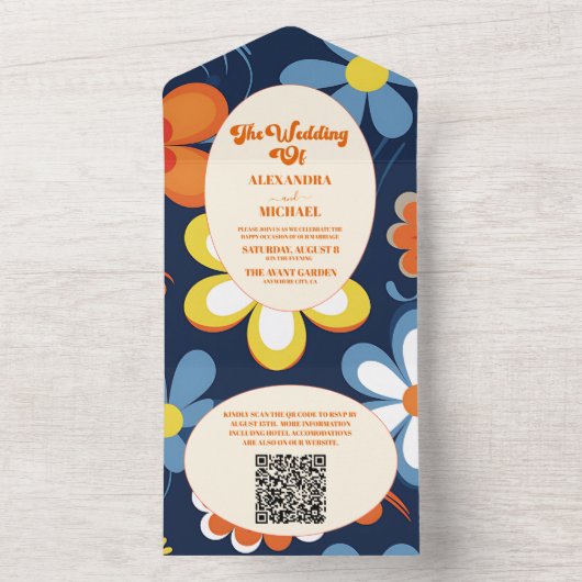 QR Code Boho Retro Bloemen Bruiloft All In One Uitnodiging (Binnen)