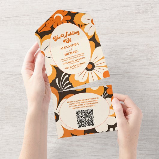 QR Code Boho Retro Bloemen Bruiloft All In One Uitnodiging (Afscheurbaar)
