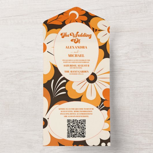 QR Code Boho Retro Bloemen Bruiloft All In One Uitnodiging (Binnen)