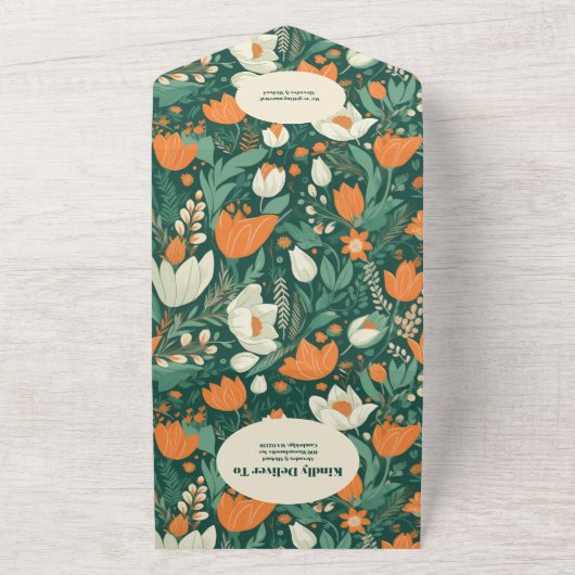 QR Code Boho Retro Bloemen Bruiloft All In One Uitnodiging (Buitenkant)