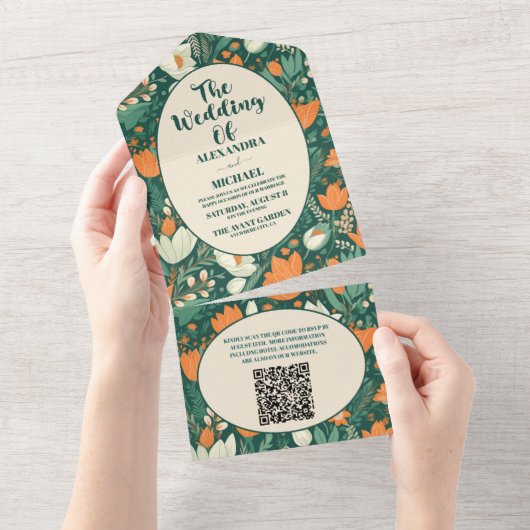 QR Code Boho Retro Bloemen Bruiloft All In One Uitnodiging (Afscheurbaar)