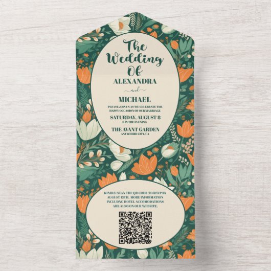 QR Code Boho Retro Bloemen Bruiloft All In One Uitnodiging (Binnen)