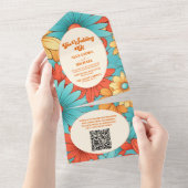 QR Code Boho Retro Bloemen Bruiloft All In One Uitnodiging (Afscheurbaar)