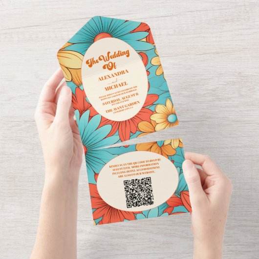 QR Code Boho Retro Bloemen Bruiloft All In One Uitnodiging (Afscheurbaar)