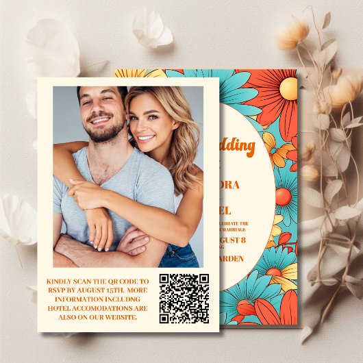 QR Code Boho Retro Bloemen Bruiloft Kaart
