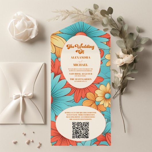 QR Code Boho Retro  Bloemige Bruiloft All In One Uitnodiging