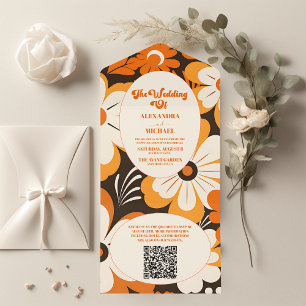 QR Code Boho Retro Bloemige Trouwdag All In One Uitnodiging