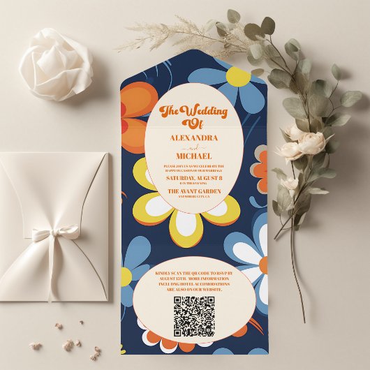 QR Code Boho Retro Bloemige Trouwdag All In One Uitnodiging