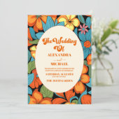 QR Code Boho Seventies Retro Bloemen Bruiloft Kaart (Staand voorkant)