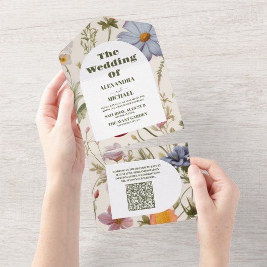 QR Code Boho Wildflower Botanische bruiloft All In One Uitnodiging (Afscheurbaar)