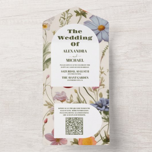 QR Code Boho Wildflower Botanische bruiloft All In One Uitnodiging (Binnen)