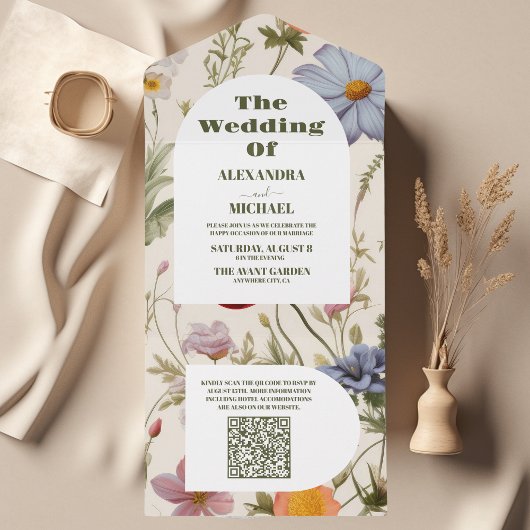 QR Code Boho Wildflower Botanische bruiloft All In One Uitnodiging