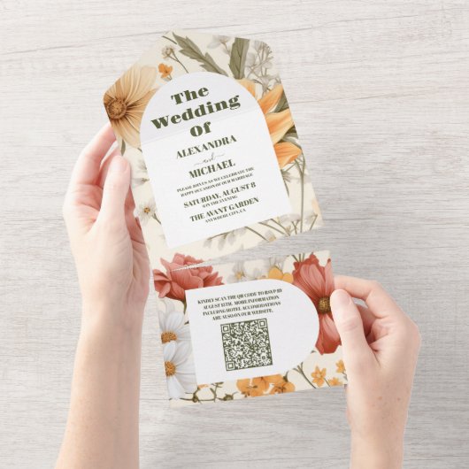 QR Code Boho Wildflower Botanische bruiloft All In One Uitnodiging (Afscheurbaar)