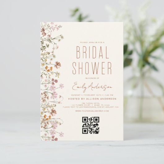 QR Code Boho Wildflower Vrijgezellenfeest Kaart (Staand voorkant)