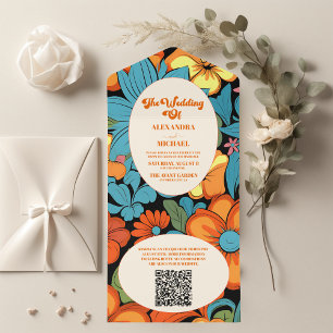 QR Code Boho Zeventiger Jaren Retro Bloem Bruiloft All In One Uitnodiging