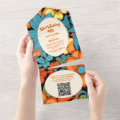 QR Code Boho Zeventiger Jaren Retro Bloem Bruiloft All In One Uitnodiging (Afscheurbaar)