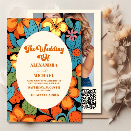 QR Code Boho Zeventiger Jaren Retro Bloem Bruiloft Kaart