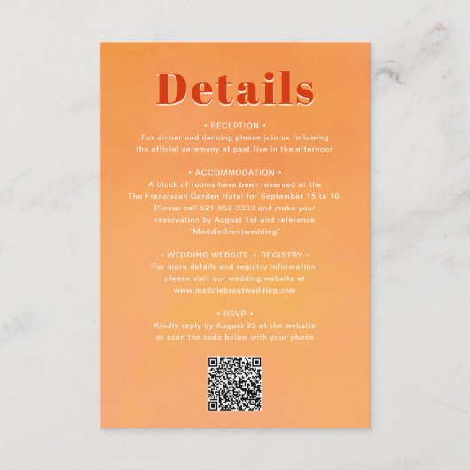 QR Code Bold Modern Orange Sunset Wedding Details Informatiekaartje (Voorkant)