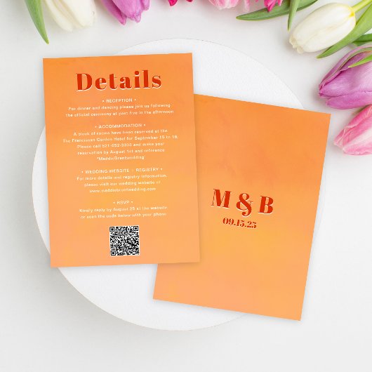 QR Code Bold Modern Orange Sunset Wedding Details Informatiekaartje