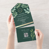 QR Code Botanical Emerald Green Wedding All In One Uitnodiging (Afscheurbaar)