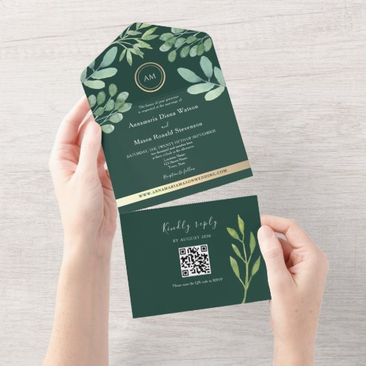 QR Code Botanical Emerald Green Wedding All In One Uitnodiging (Afscheurbaar)