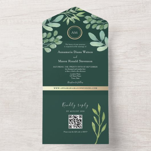 QR Code Botanical Emerald Green Wedding All In One Uitnodiging (Binnen)