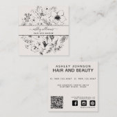 QR Code Botanische Blush Zwart Script Naam Vierkan Vierkante Visitekaartje (Voorkant / Achterkant)