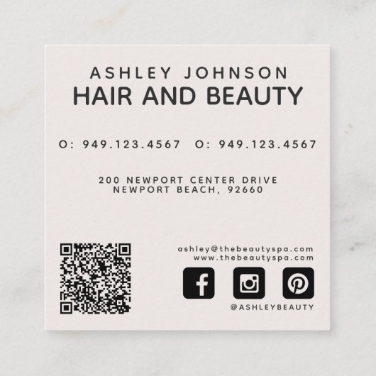 QR Code Botanische Blush Zwart Script Naam Vierkan Vierkante Visitekaartje (Achterkant)