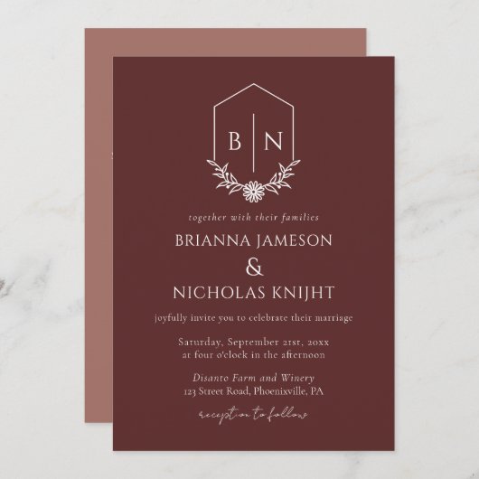 QR-code Botanische monogram Bourgogne bruiloft Kaart (Voorkant / Achterkant)