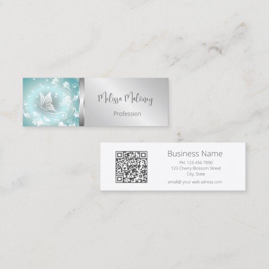 QR-code | Boterfly Greenery Mint Silver Mini Visitekaartje (Voorkant / Achterkant)