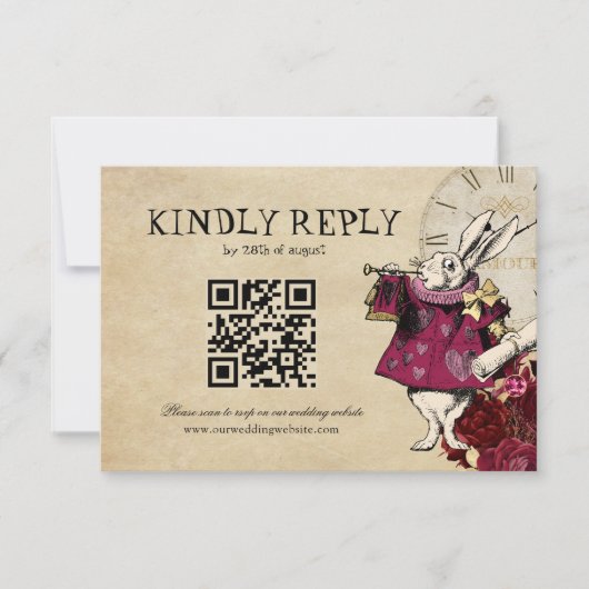 QR Code Bourgondië Alice in Wonderland Trouwen RSVP Kaartje (Voorkant)