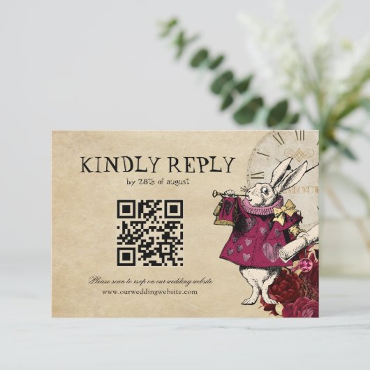 QR Code Bourgondië Alice in Wonderland Trouwen RSVP Kaartje (Staand voorkant)