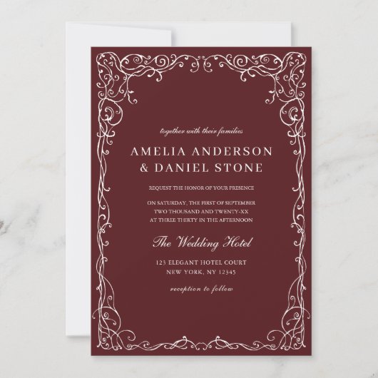 QR Code Bourgondië Fotominimalistische bruiloft Kaart (Voorkant)