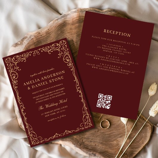 QR Code Bourgondië Gold Minimal Wedding Kaart