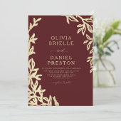 QR Code Bourgondië & Goud Minimal Leaf Wedding Kaart (Staand voorkant)