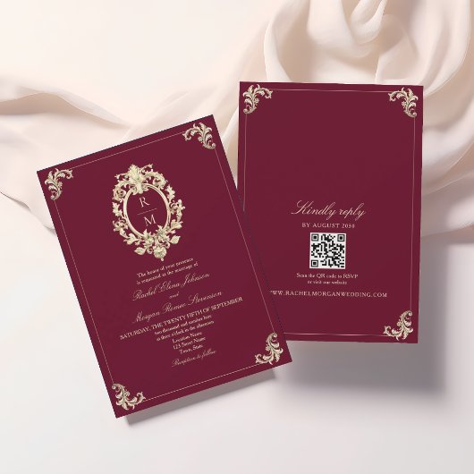 QR Code Bourgondië Gouden Barok Bruiloft Kaart