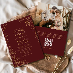 QR Code Bourgondië Gouden Foto Elegant Huwelijk Kaart