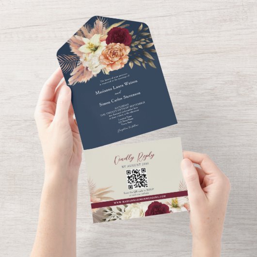 QR Code Bourgondië Navy Bloemen Bruiloft All In One Uitnodiging (Afscheurbaar)