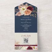QR Code Bourgondië Navy Bloemen Huwelijk All In One Uitnodiging (Binnen)