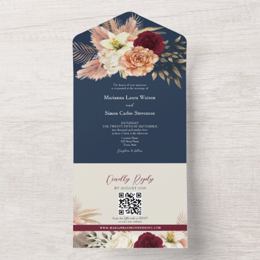 QR Code Bourgondië Navy Bloemen Huwelijk All In One Uitnodiging (Binnen)