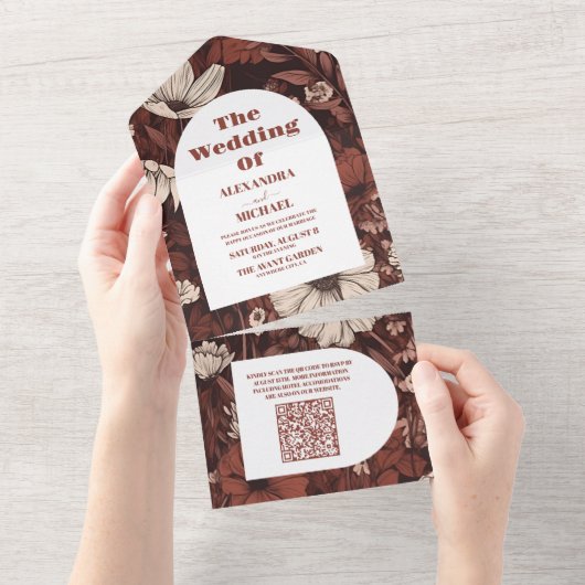 QR Code Bourgondië Wildflower Bruiloft All In One Uitnodiging (Afscheurbaar)
