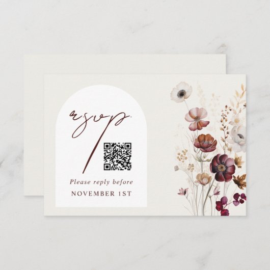 QR Code Bourgondische Anemoon Boog Bloemen Huwelij RSVP Kaartje (Voorkant / Achterkant)
